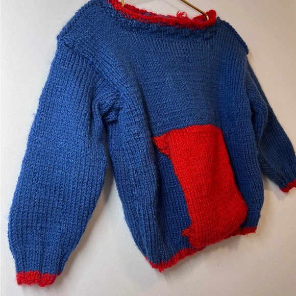 Handmade Knit Baby Sweater Red and Blue Pullover - Picture 5 of 7